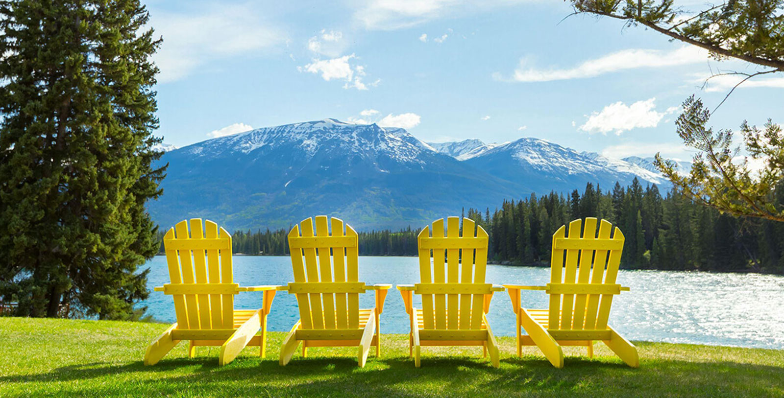a group of yellow chairs in front of a lake