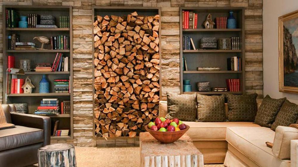 a room with a stack of wood