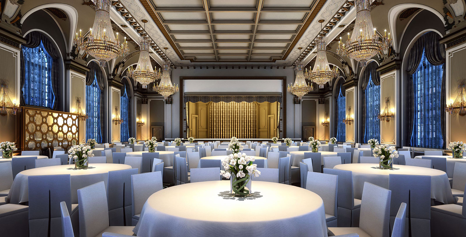 a room with tables and chairs