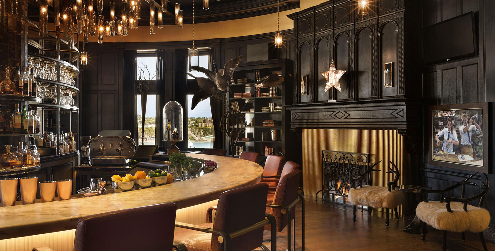 a room with a large table and chairs