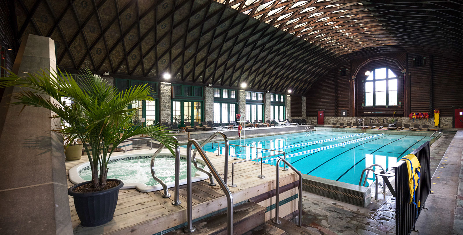 a swimming pool inside a building