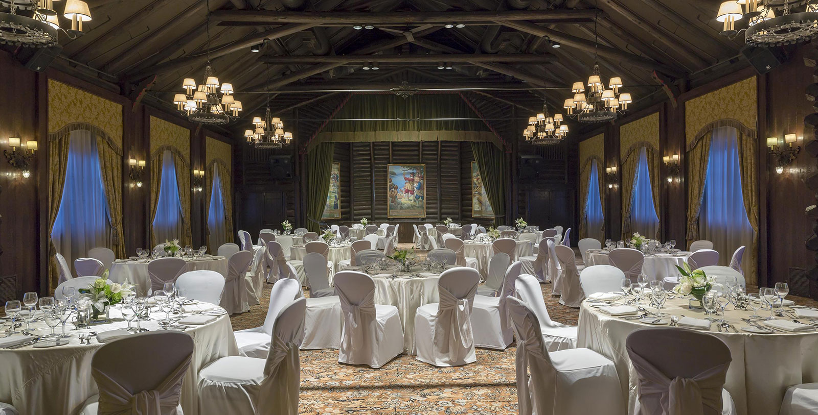 a room with tables and chairs