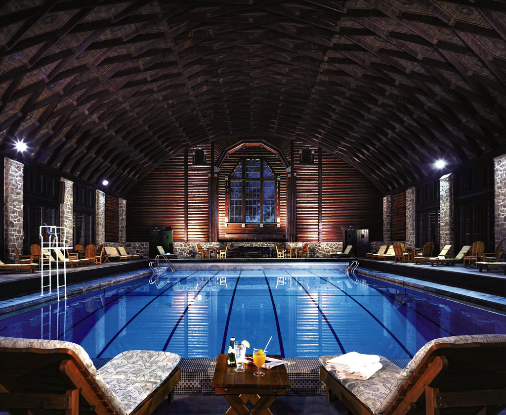 a swimming pool inside a building