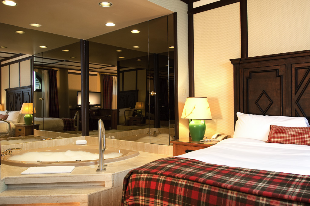 a room with a large mirror and a bed