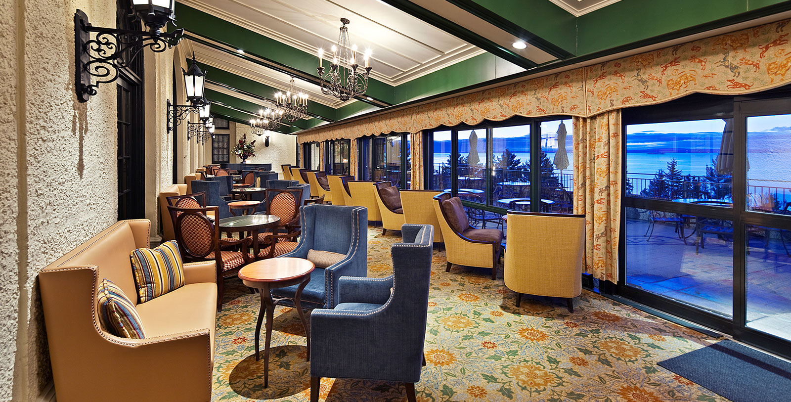 a room with chairs and tables