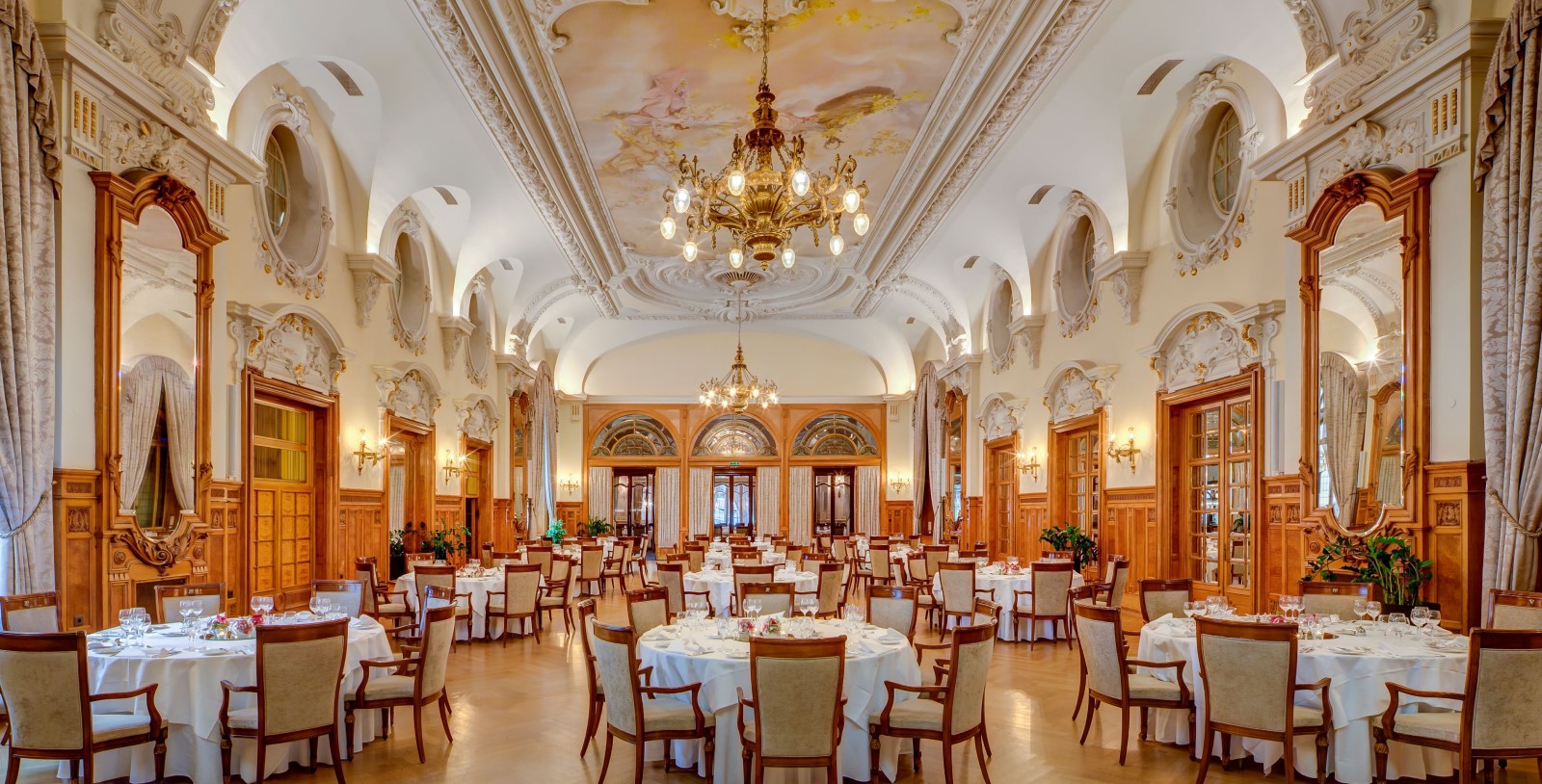 a room with tables and chairs