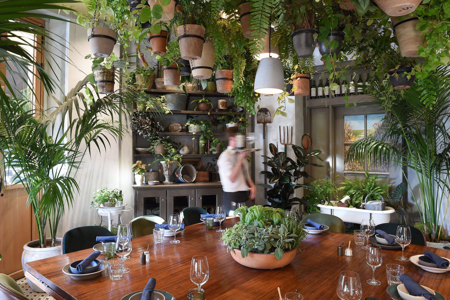 a man standing in a room with a table with plants