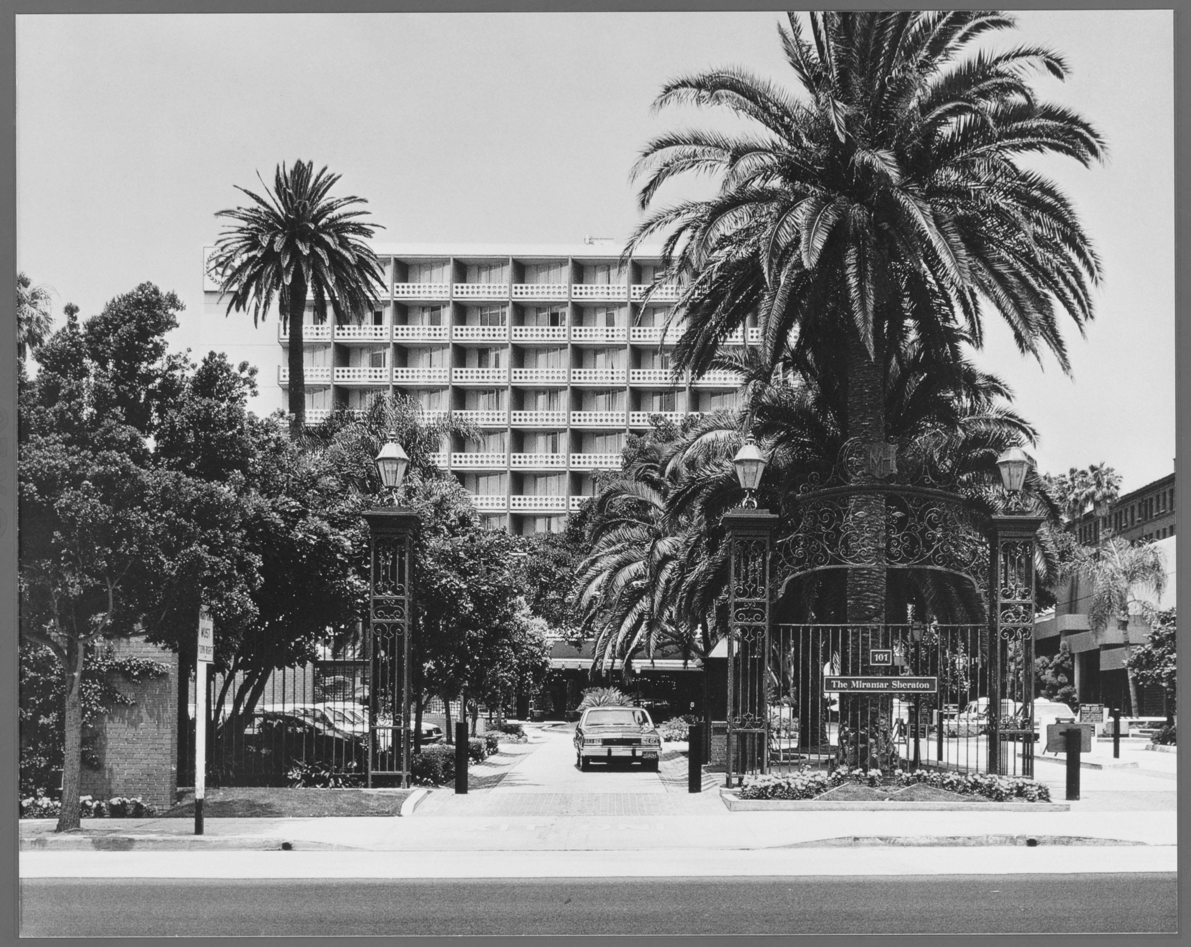 a black and white photo of a building with palm trees