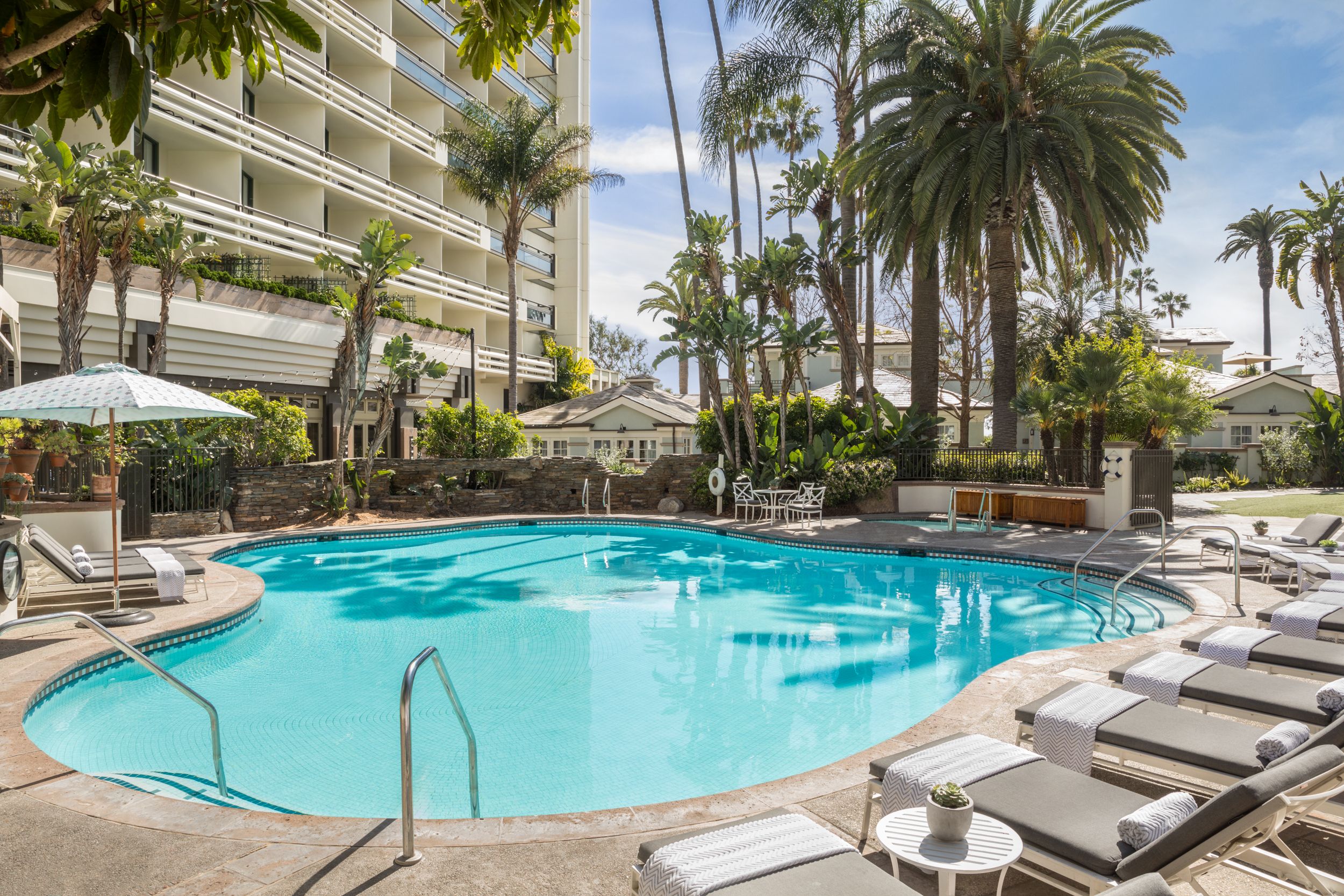a swimming pool with palm trees and a building