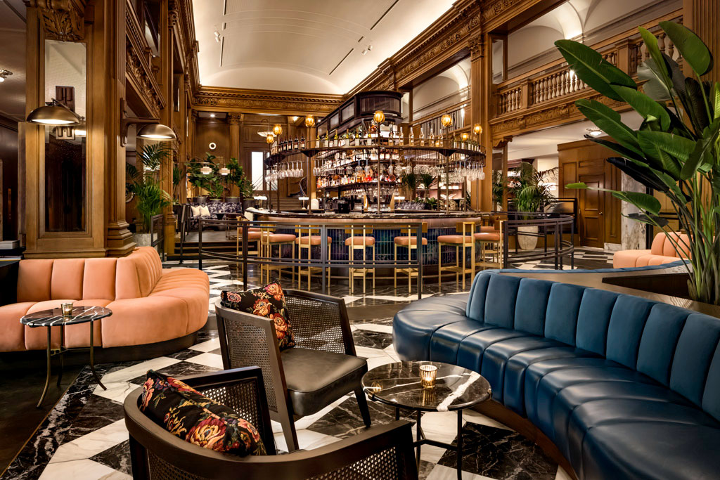 a room with a bar and a large counter