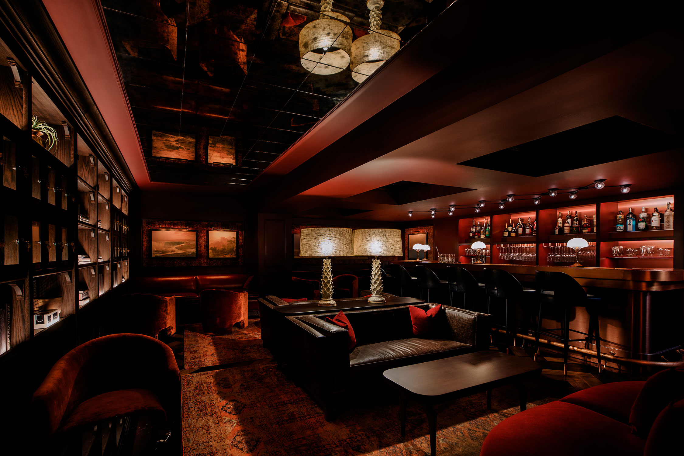 a room with a bar and shelves