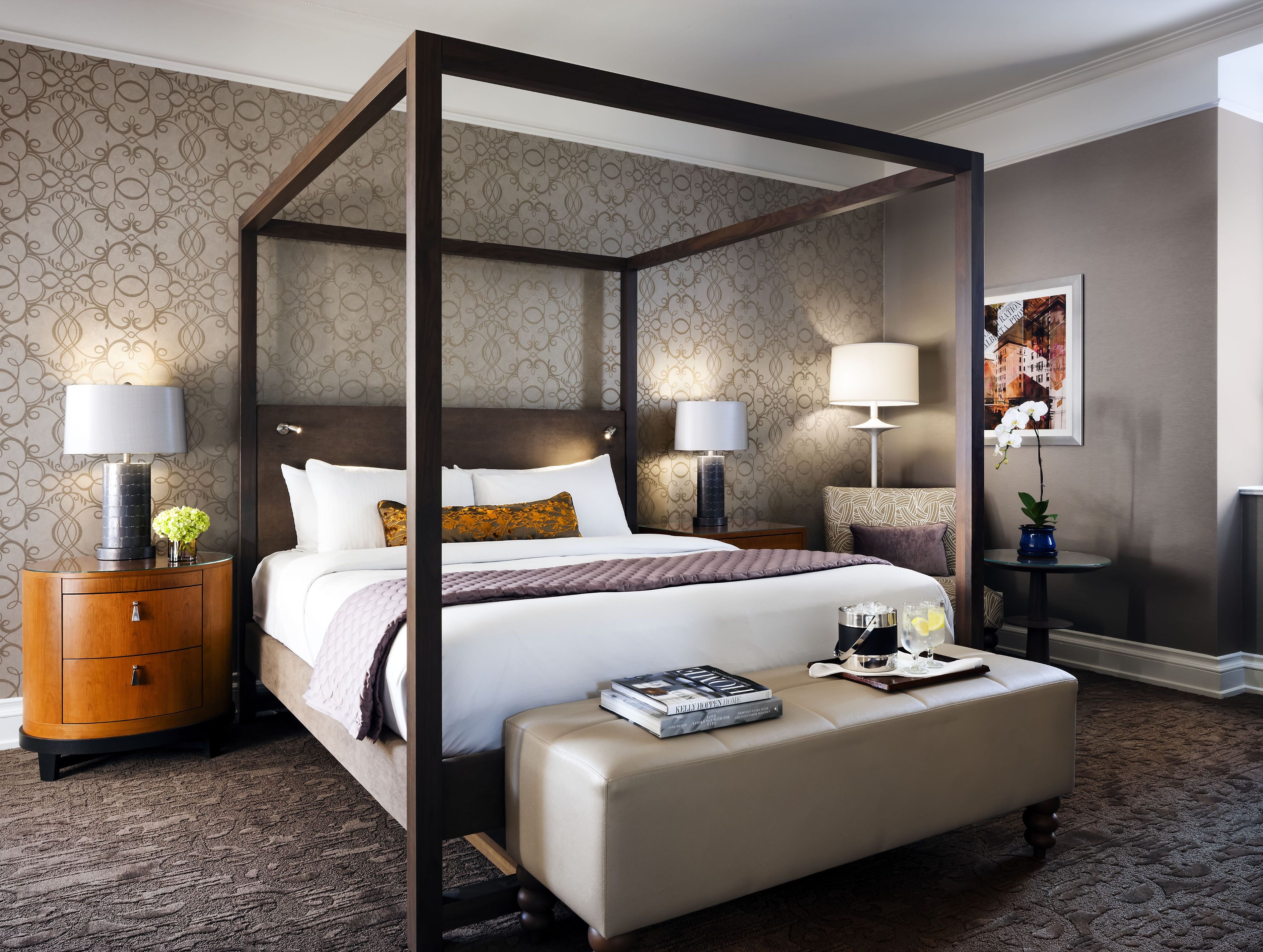 a bed with a canopy in a room