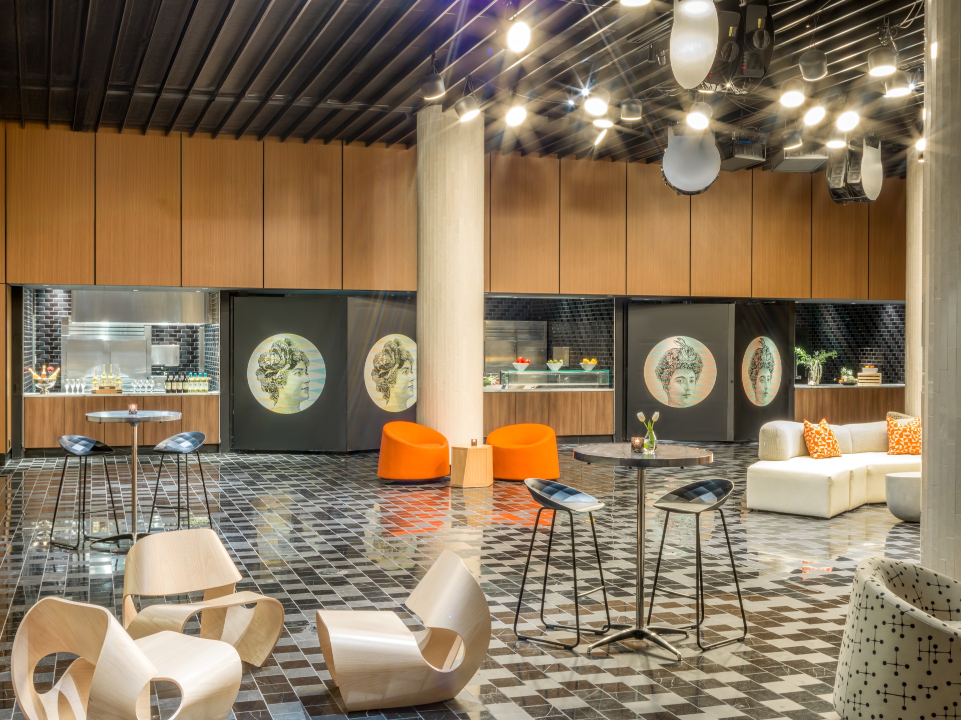 a room with chairs and tables