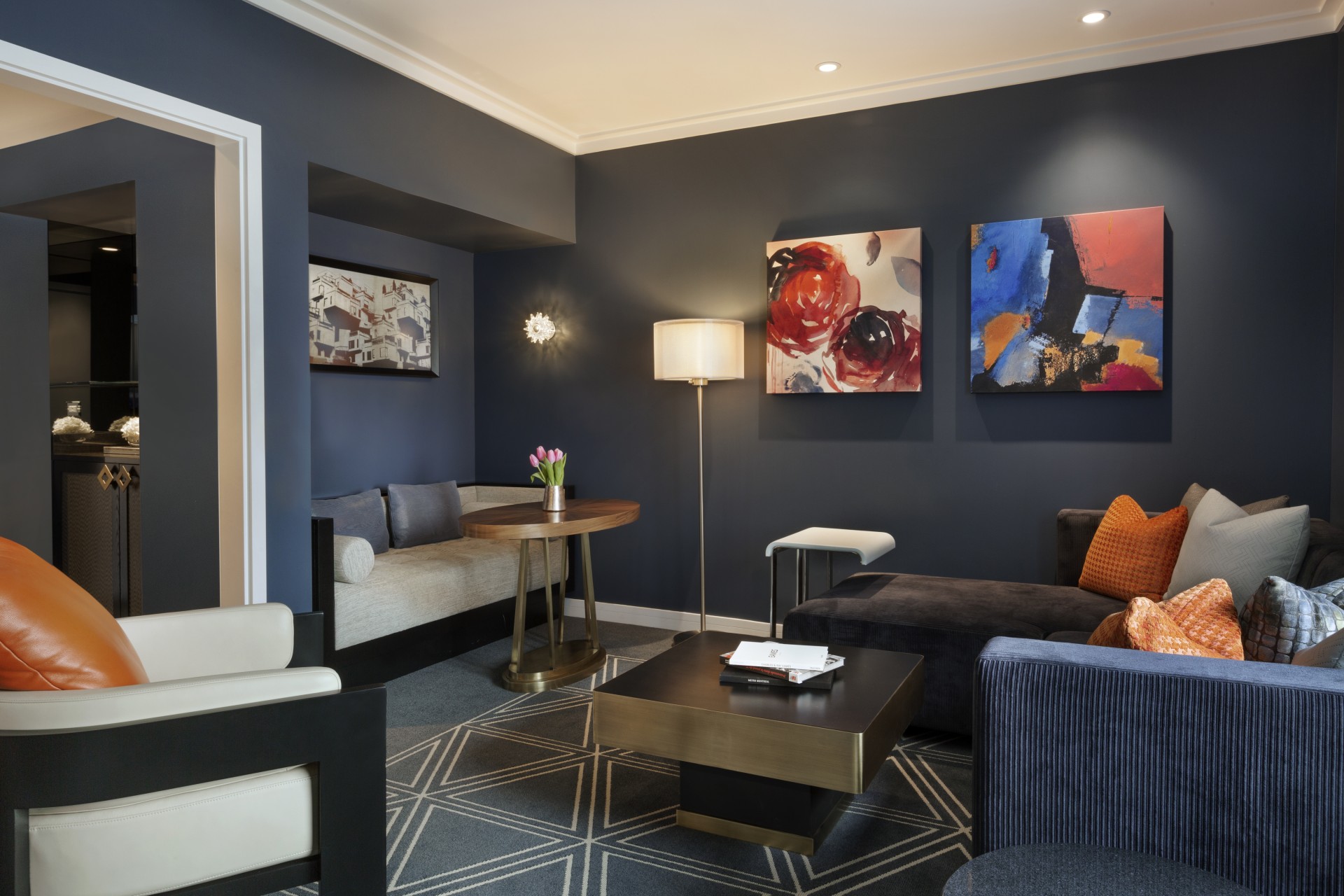 a room with a couch and a table