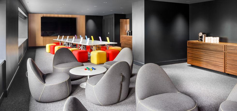 a room with a table and chairs