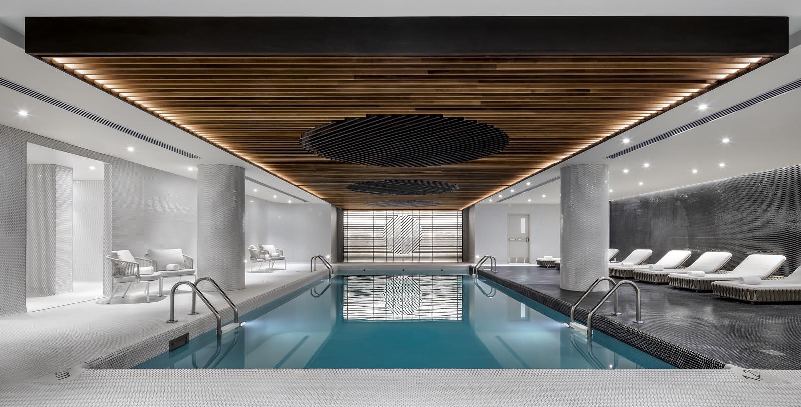 a swimming pool inside a building