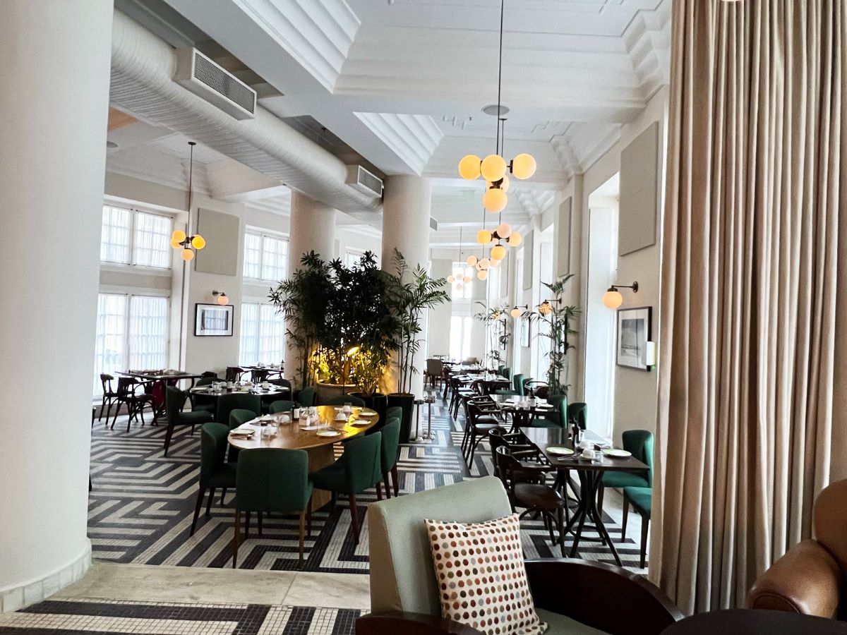 a room with tables and chairs