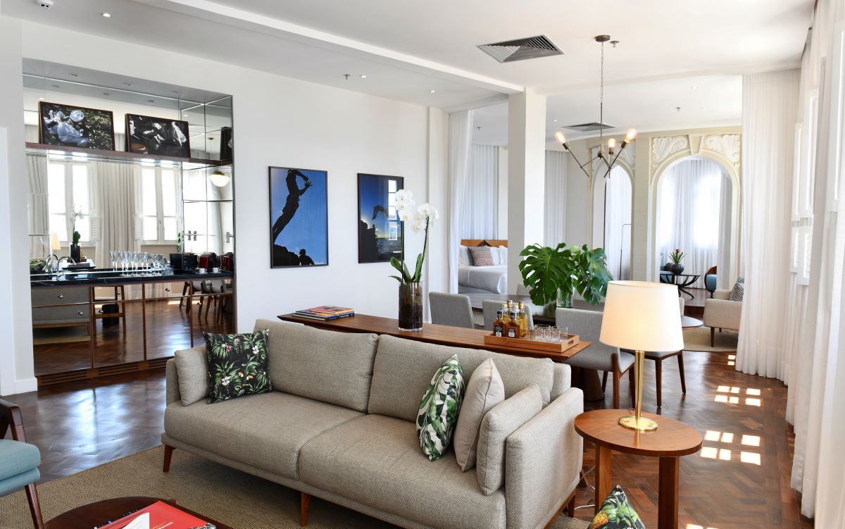 a living room with a couch and a table