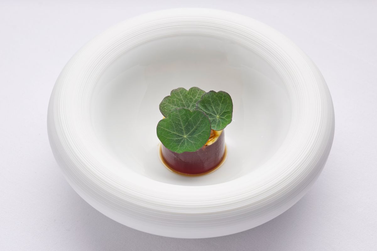a plate with a leafy green object in it
