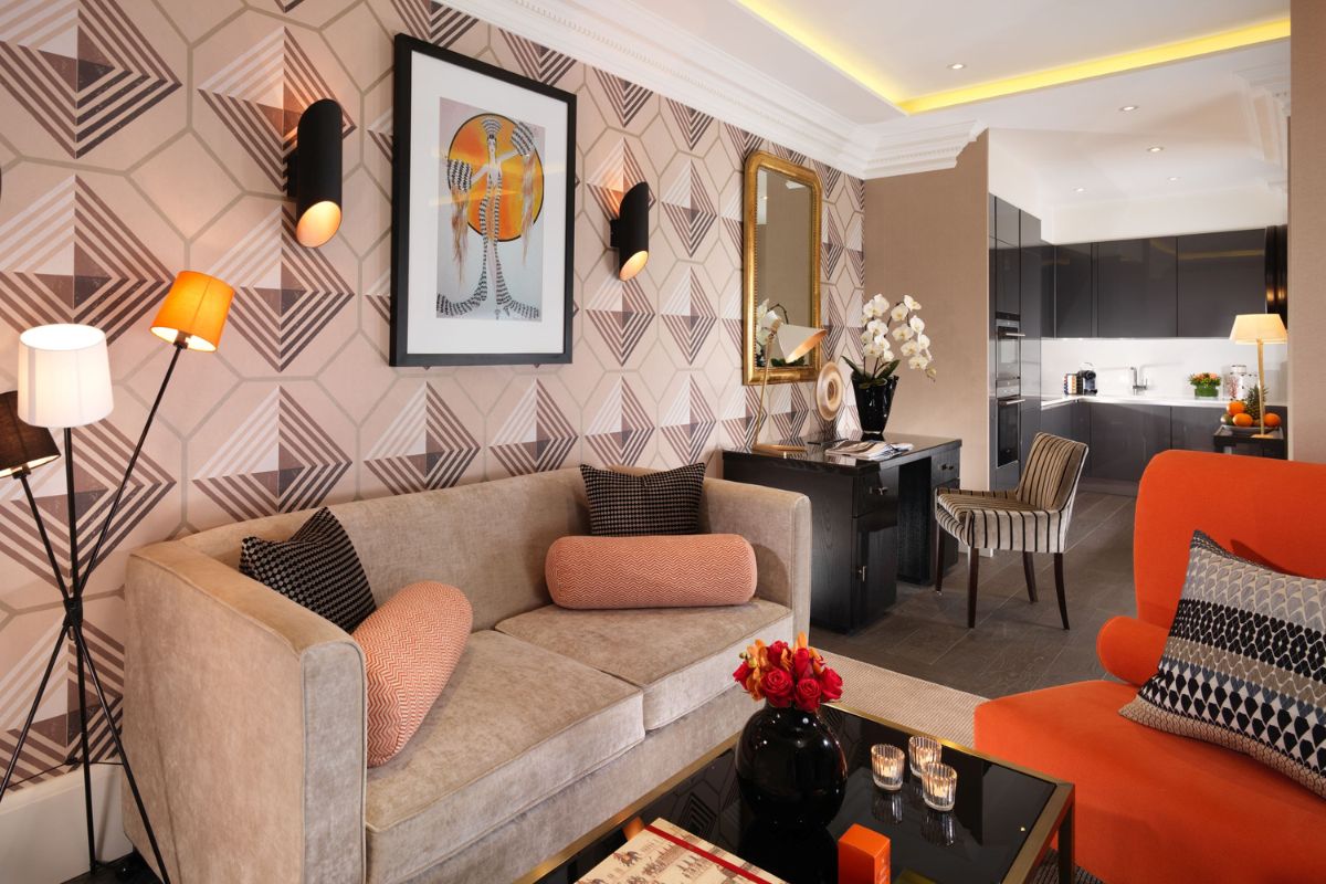 a living room with a couch and a table