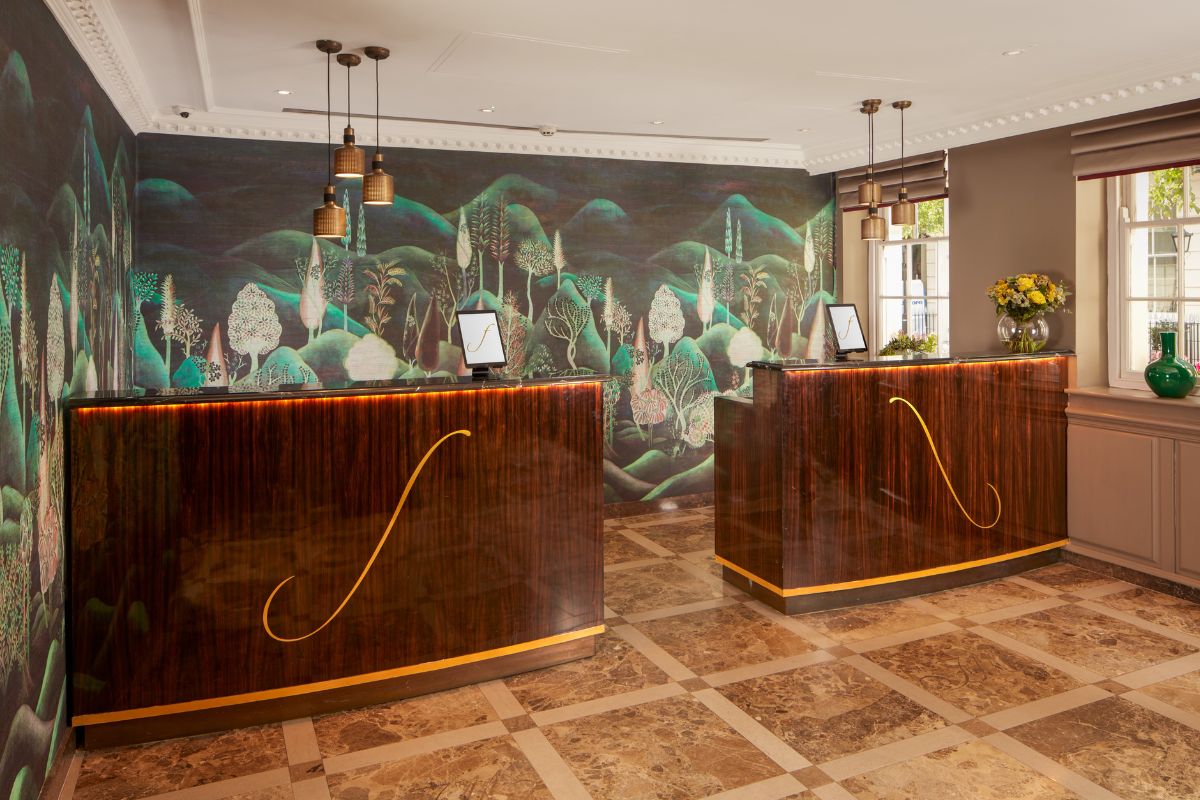 a reception desk in a hotel