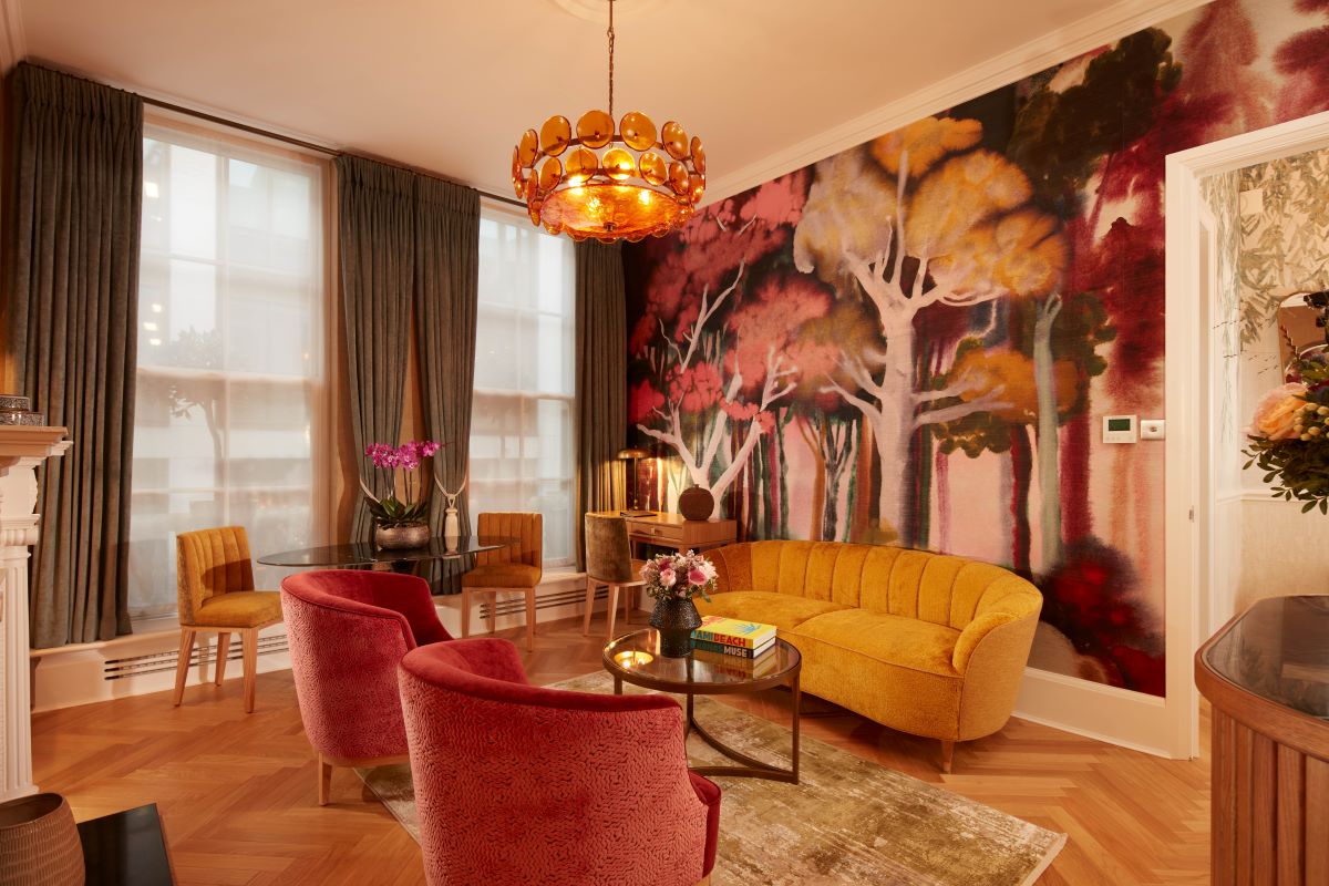 a living room with a couch and a table