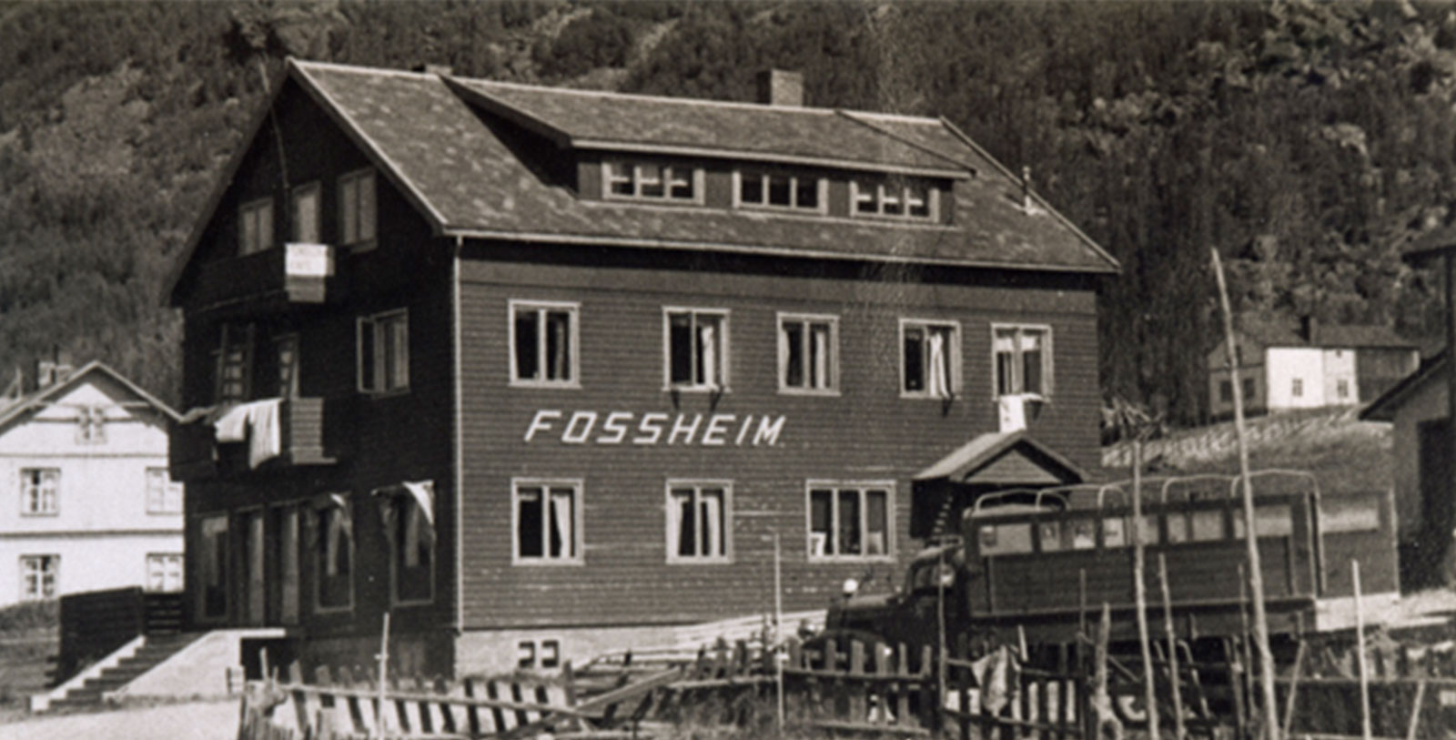 a building with a train parked outside