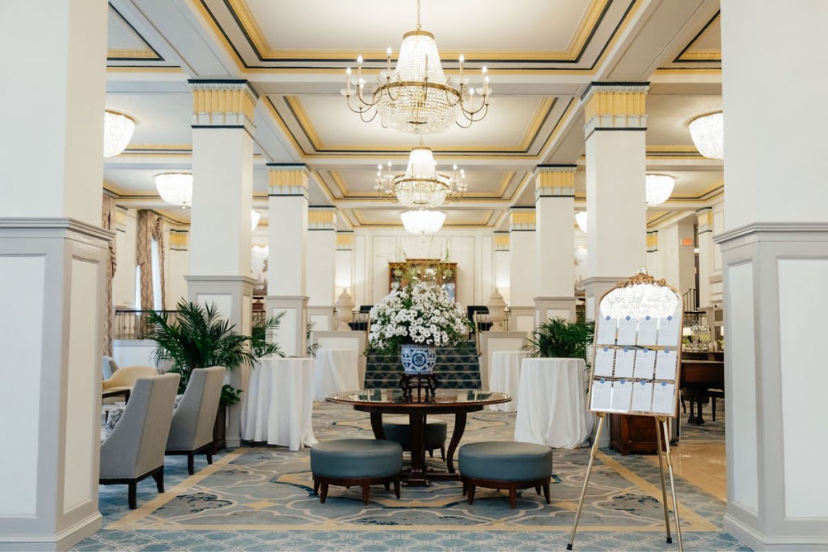 a room with tables and chairs