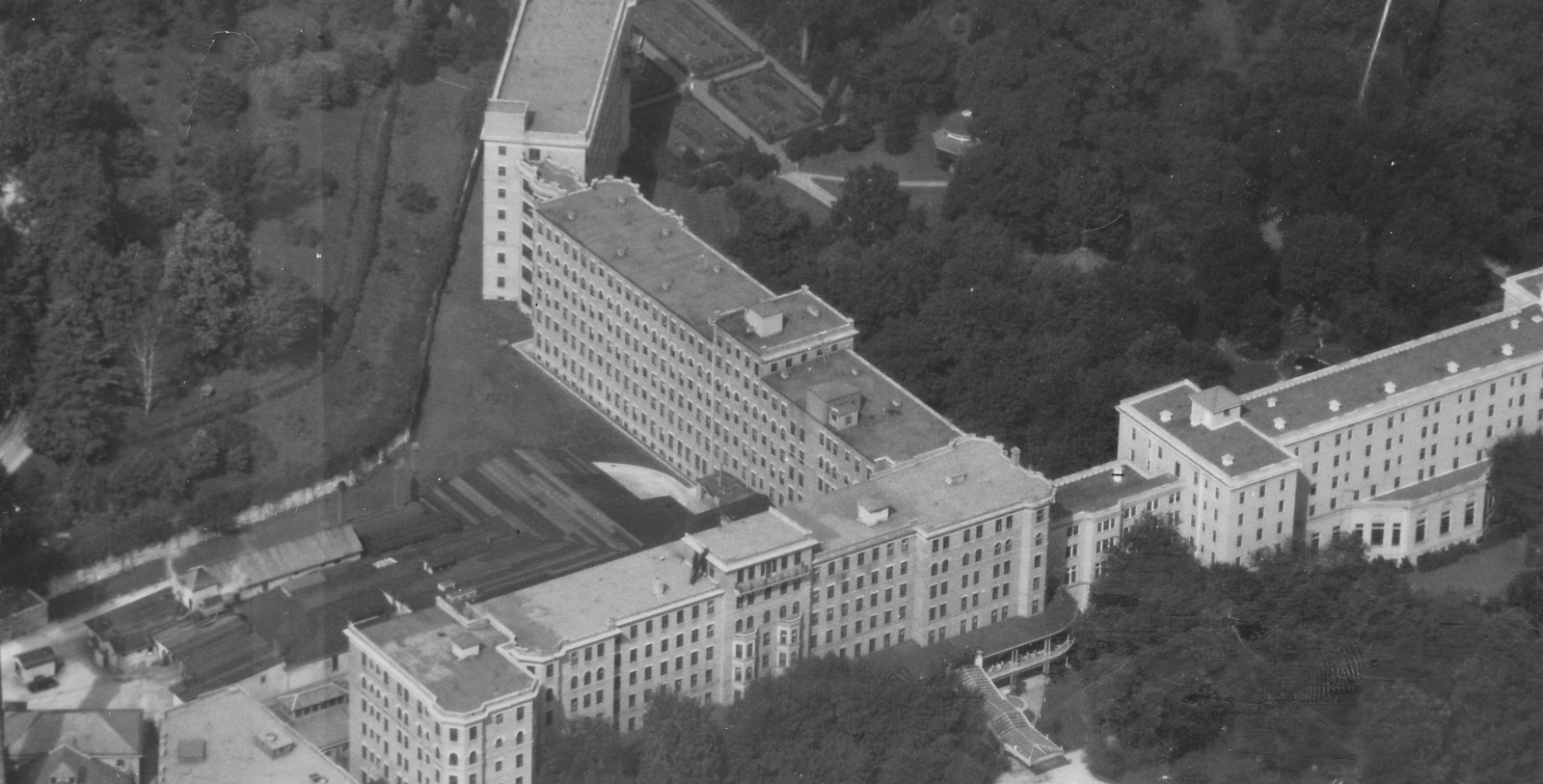 an aerial view of a large building