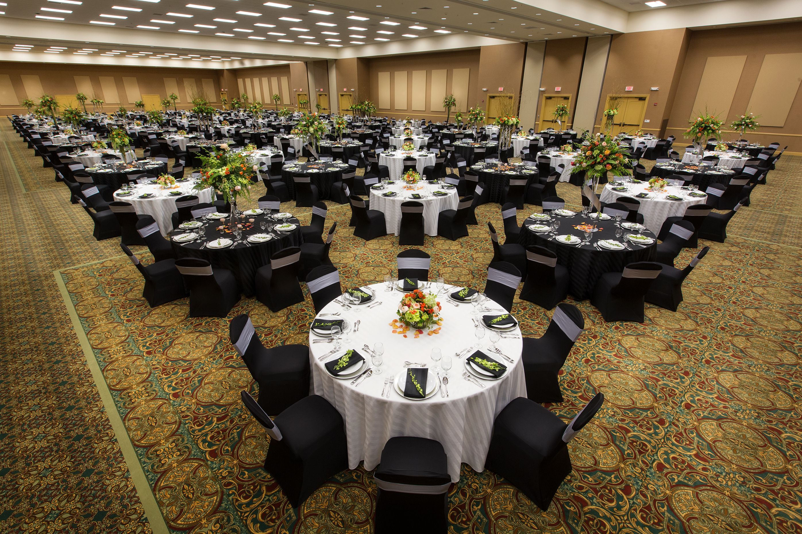 a large room with tables and chairs