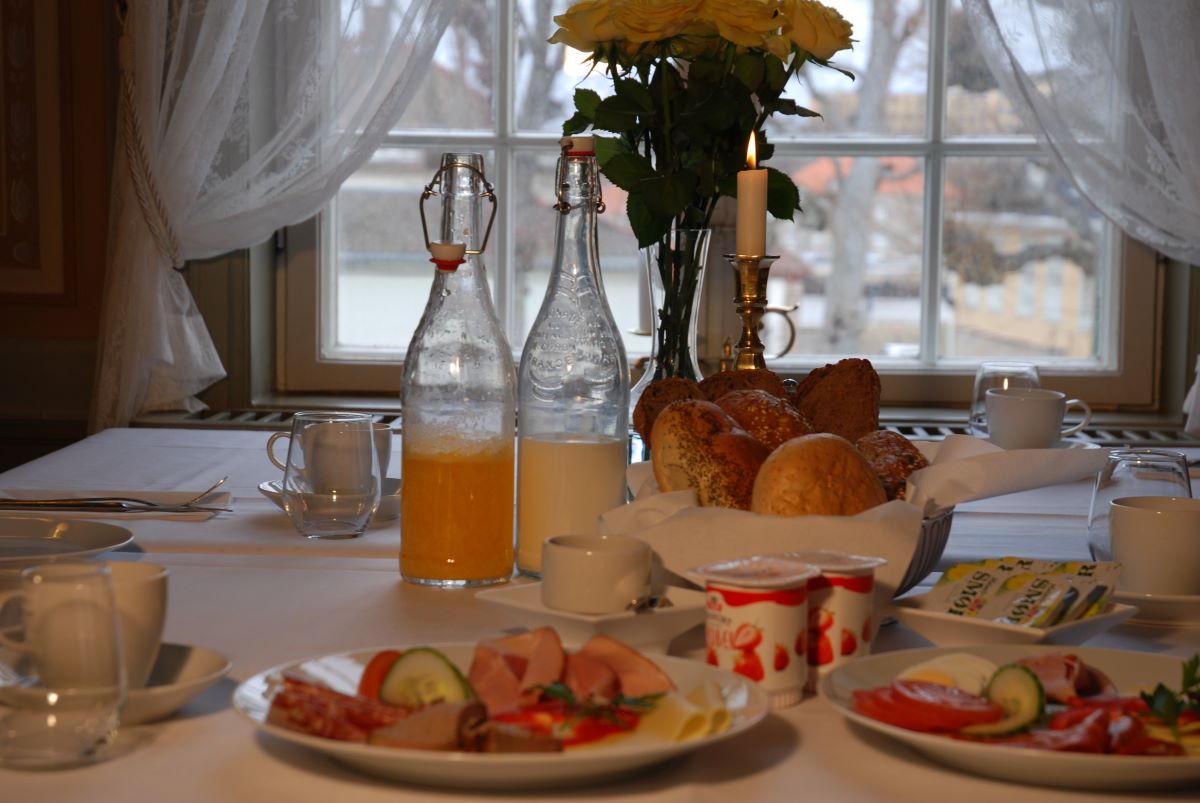 a table with food and drinks on it
