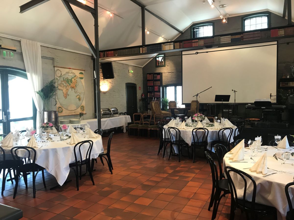 a room with tables and chairs