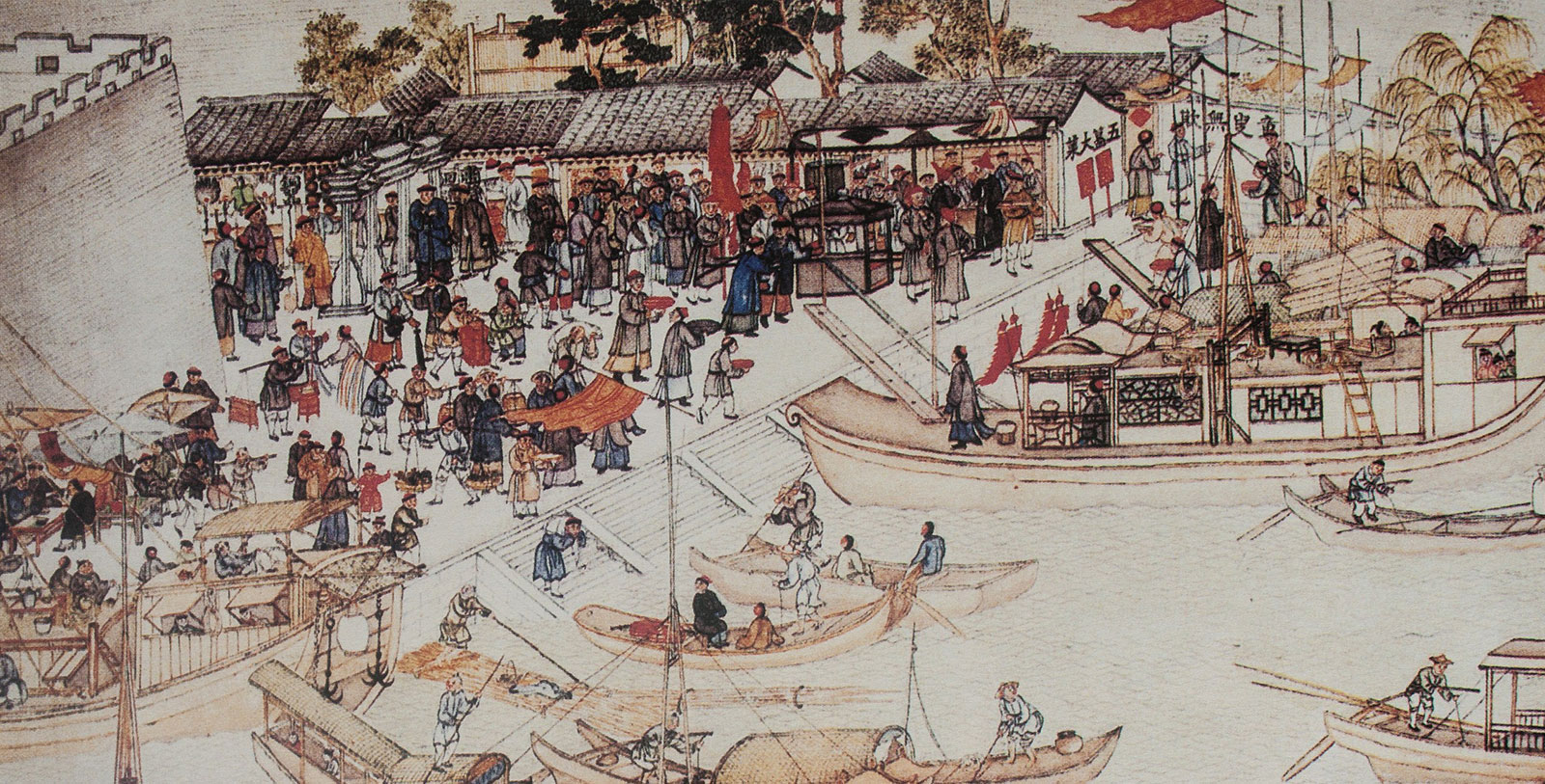 a painting of people in a harbor