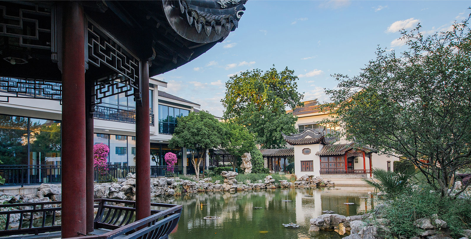 a pond with rocks and trees in front of buildings