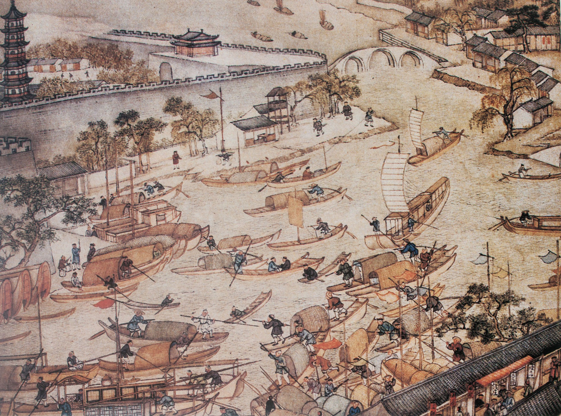 a painting of a river with boats and people