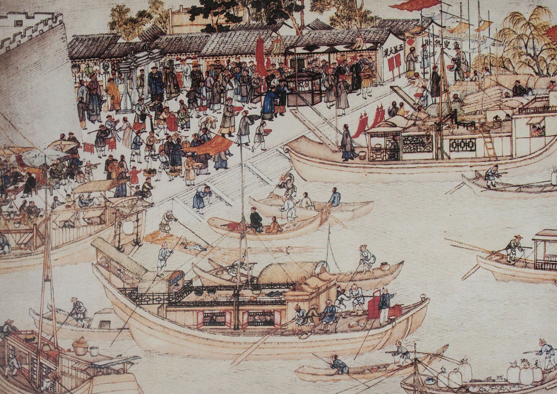 a painting of boats and people