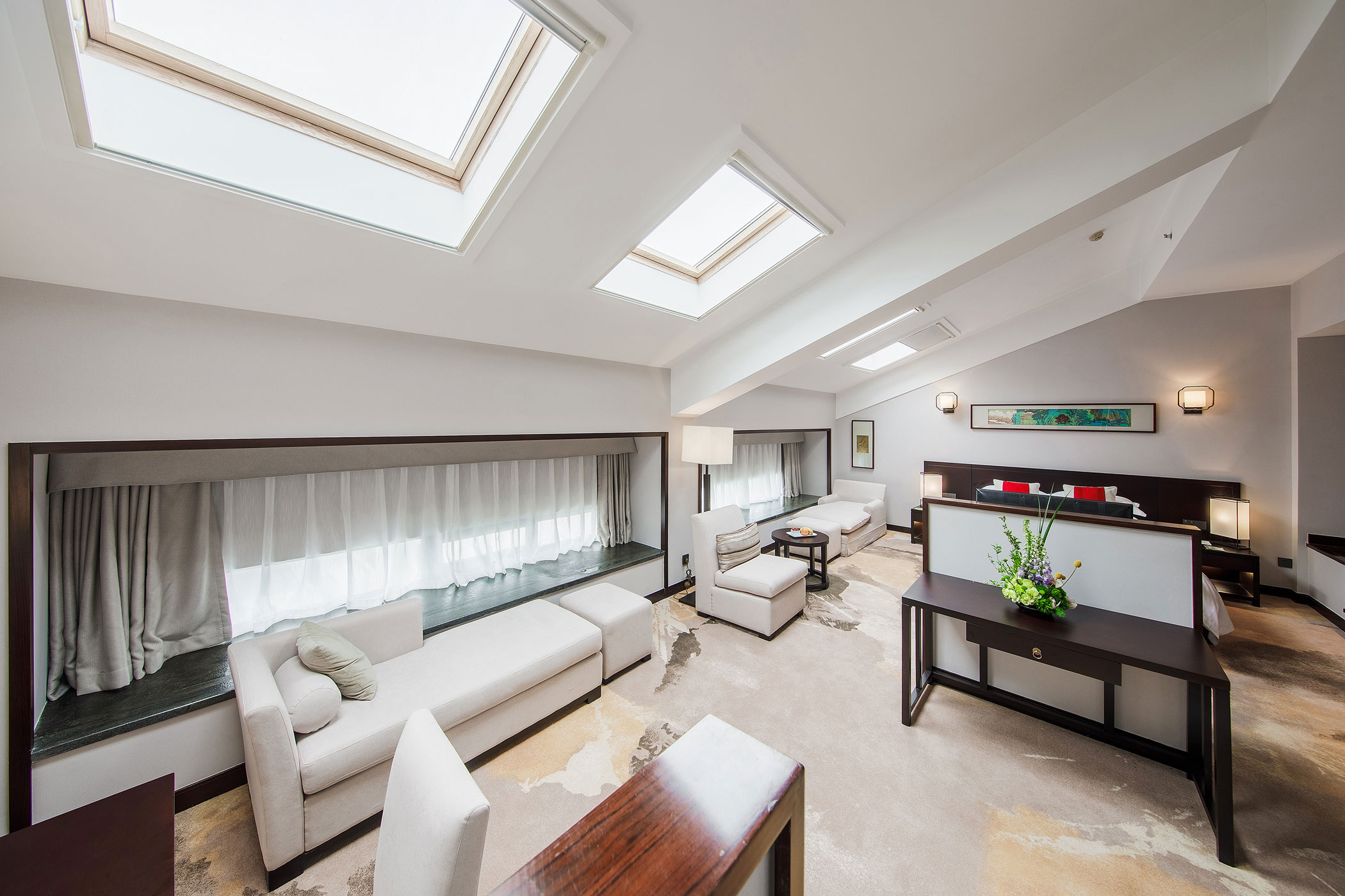 a room with a skylight and couches