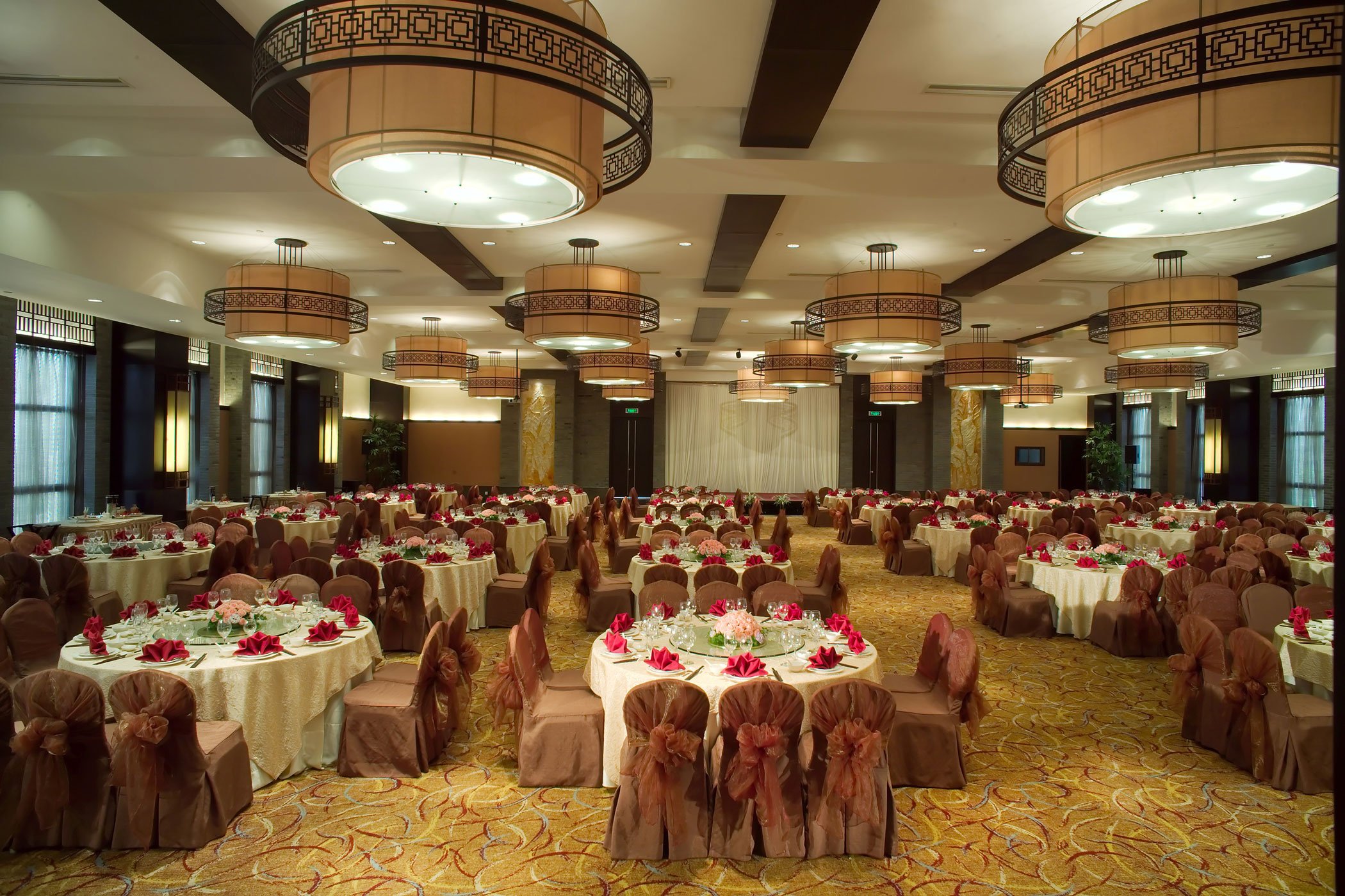 a large room with tables and chairs