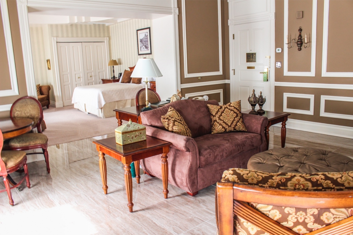 a room with a couch and a bed