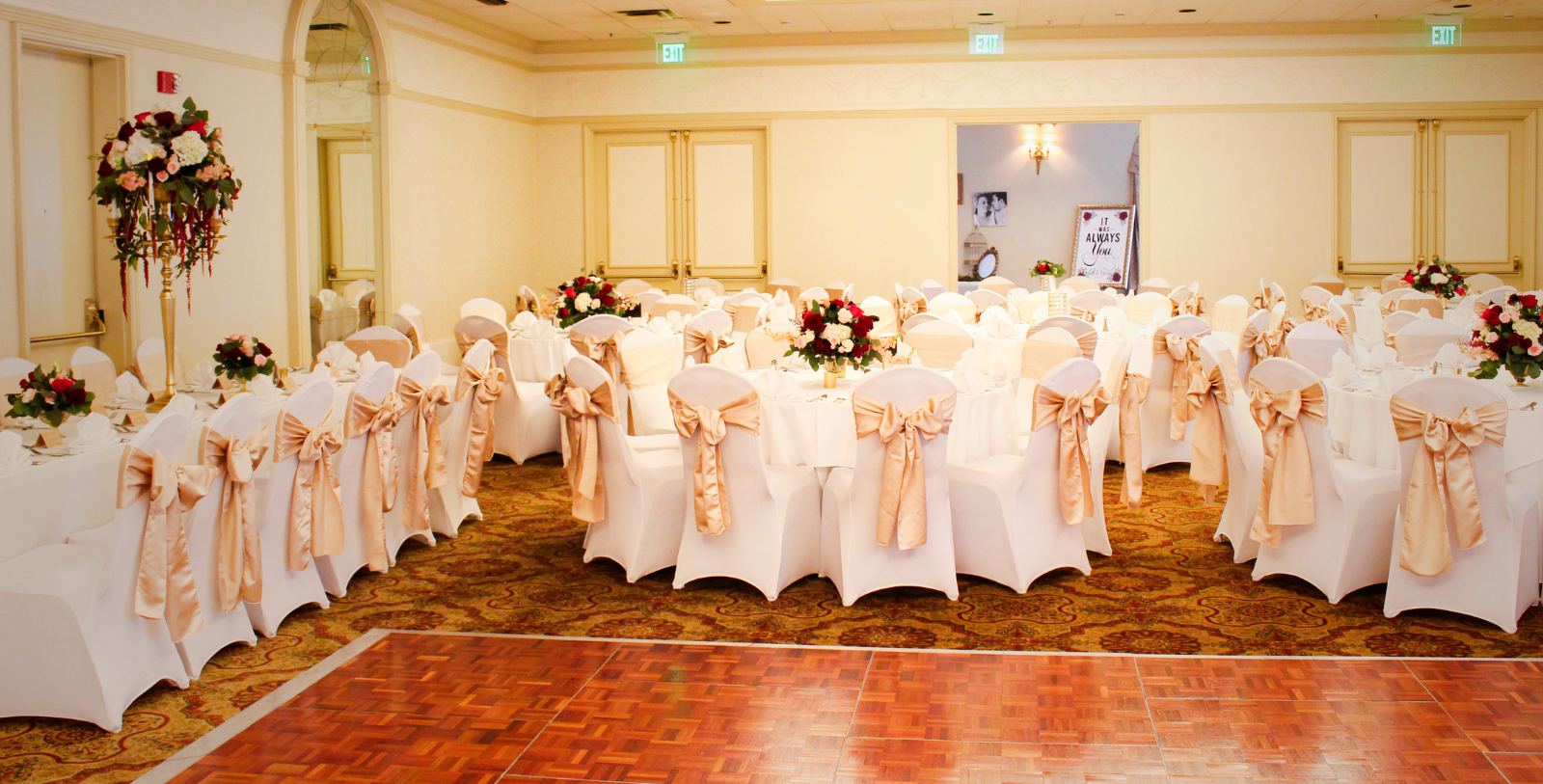 a room with tables and chairs