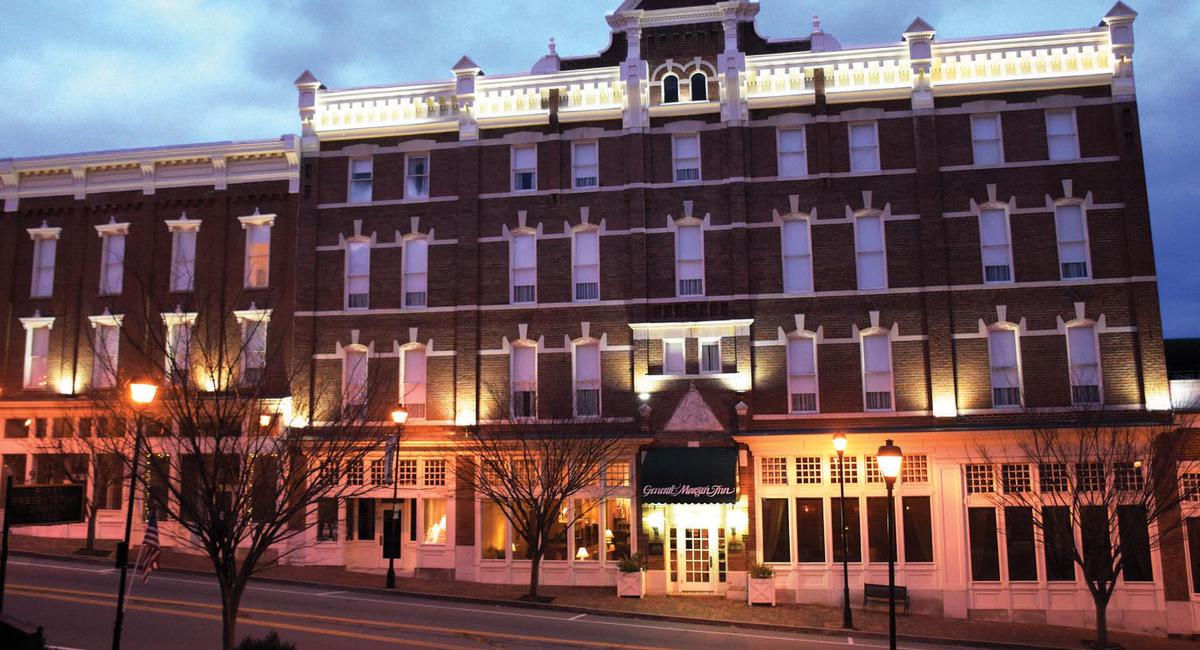 a building with lights on the front