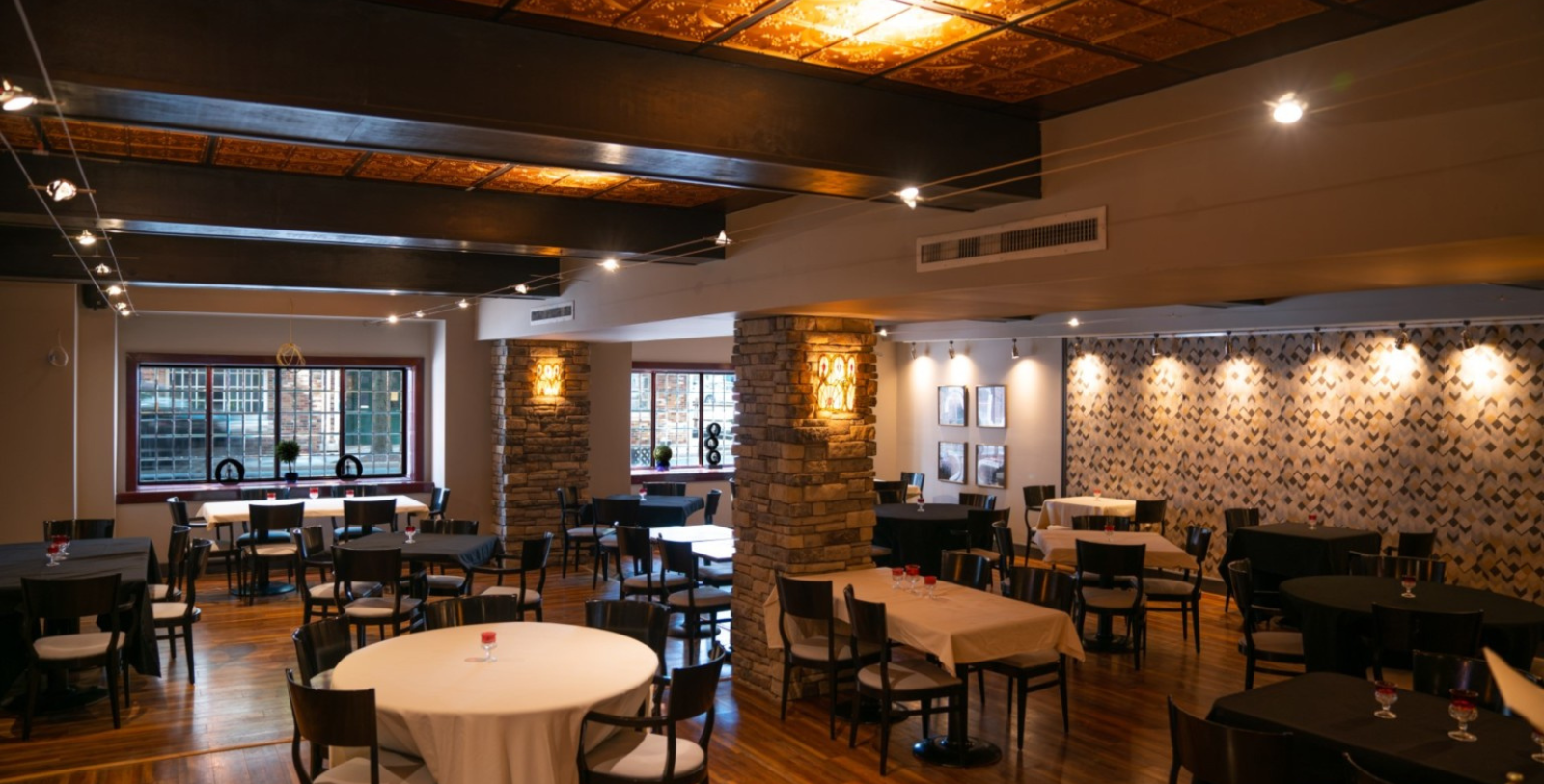a room with tables and chairs