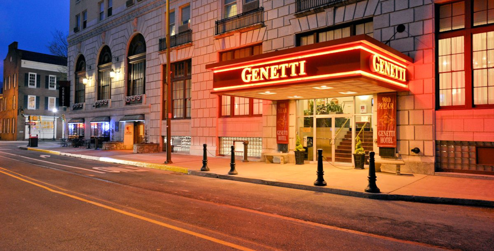 a building with a red sign
