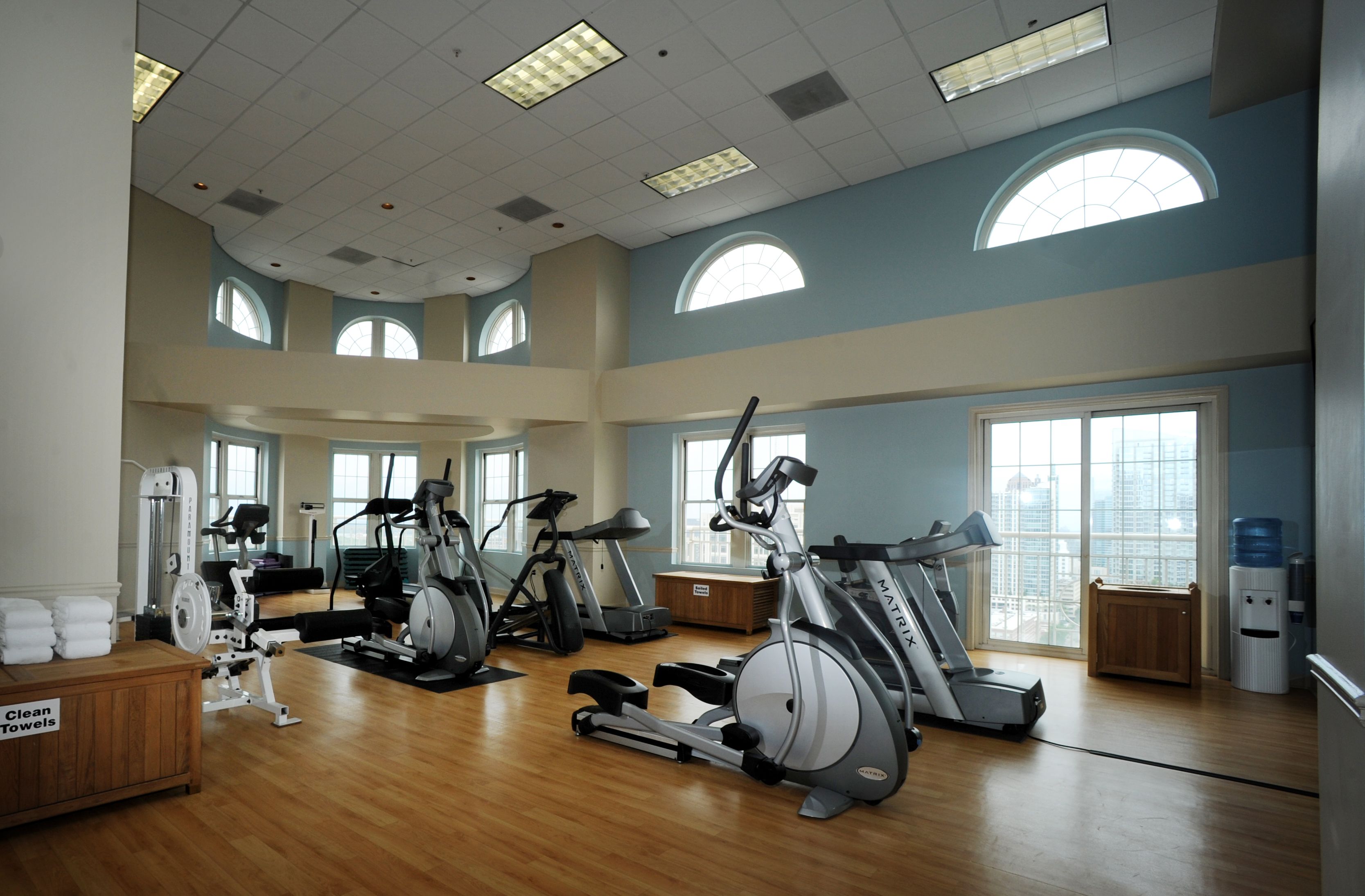 a large room with exercise equipment