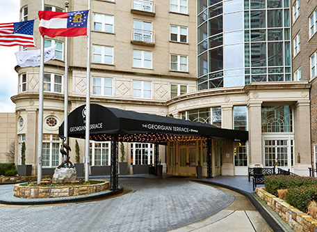 a building with a flag in front of it