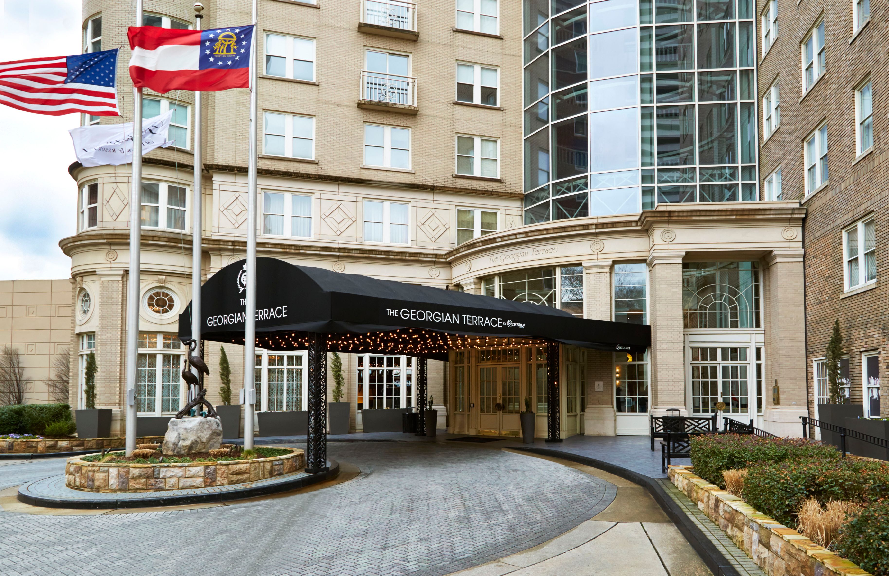 a building with a flag in front of it