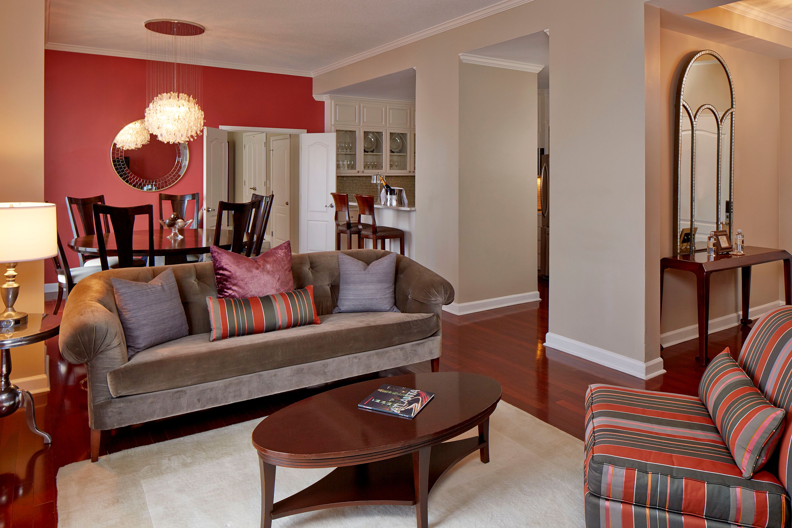 a living room with a couch and a table