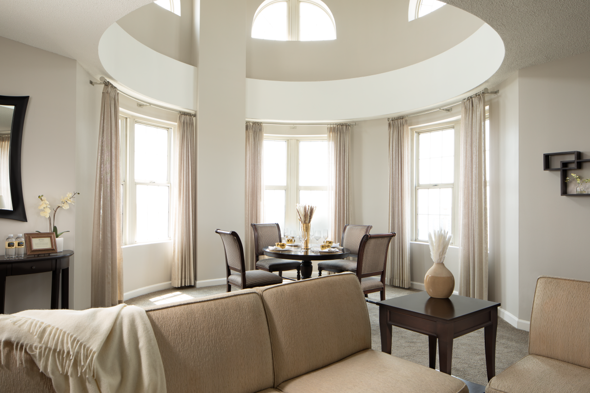 a room with a couch and table