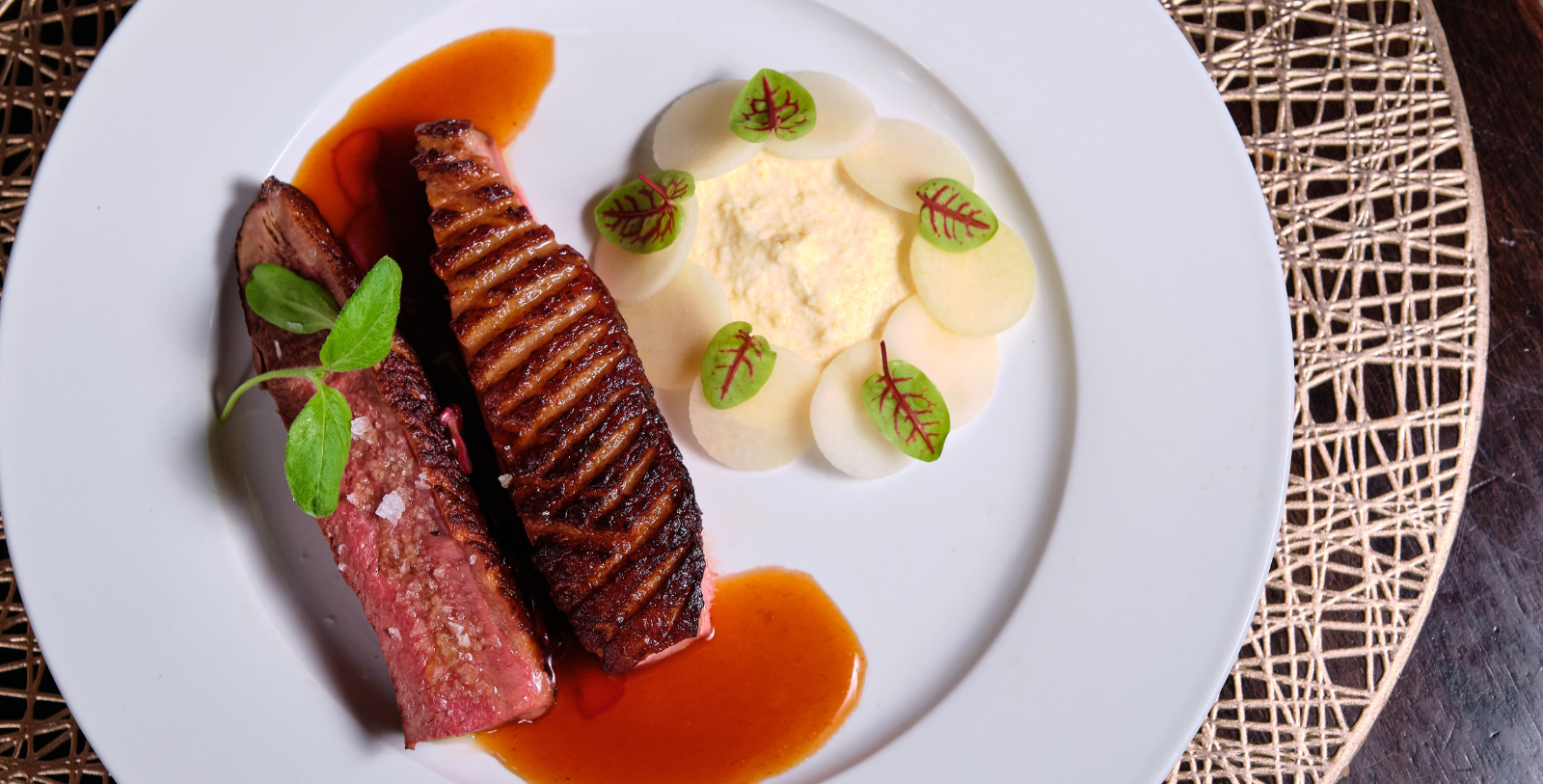 a plate of food with a garnish