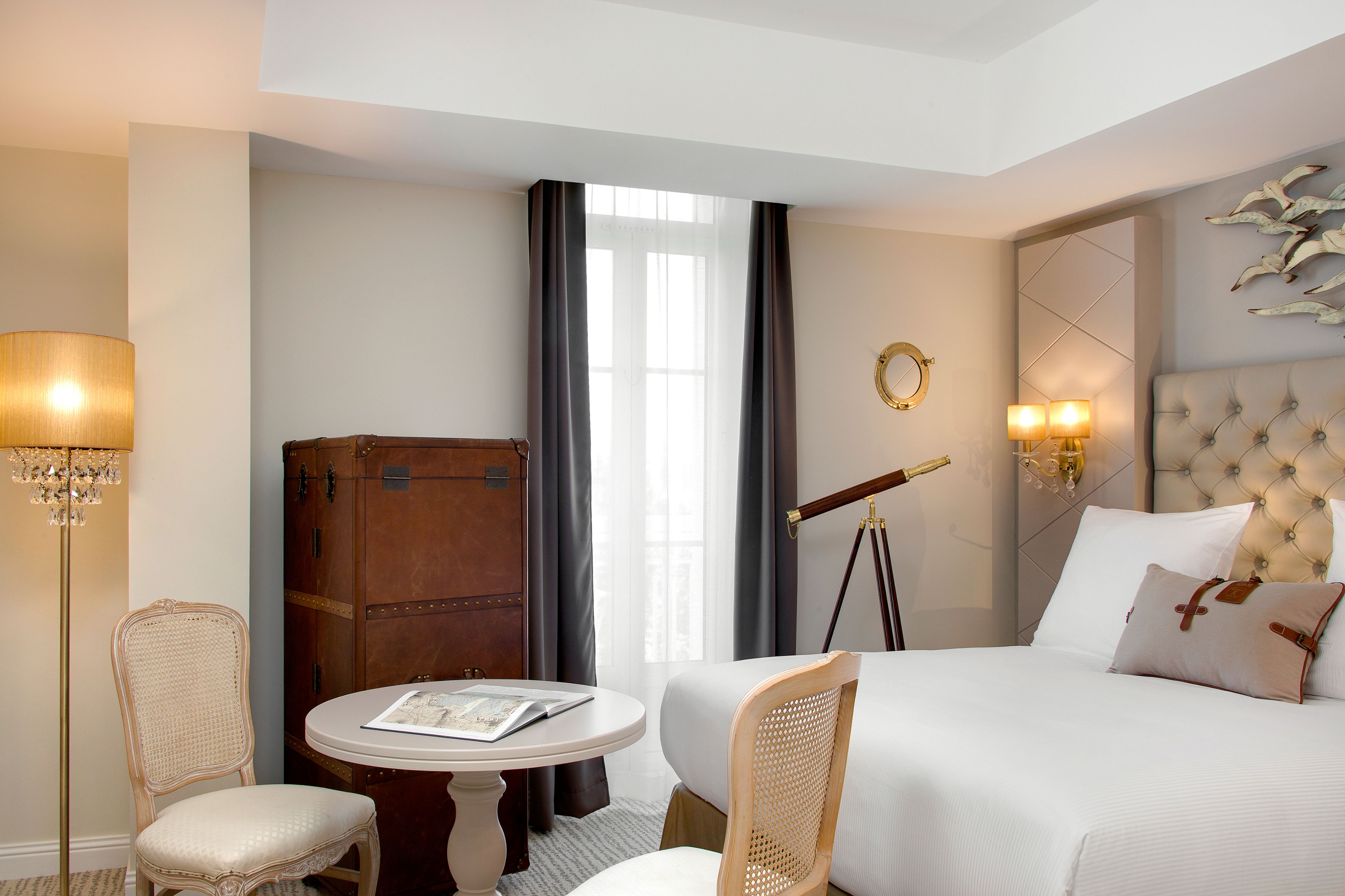 a room with a bed and a table
